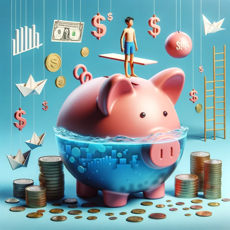 A playful, yet realistic image of a giant piggy bank shaped like a pool, with a diving board. A person (teenager) stands on the diving board, looking excited to jump in, surrounded by floating financial symbols and icons like dollar signs, coins, and small paper boats made of stock market charts.