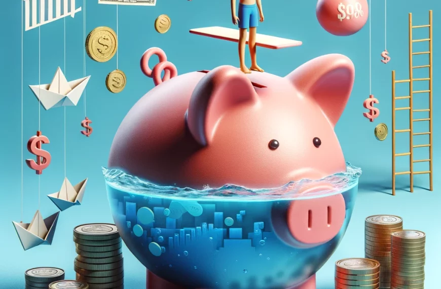 A playful, yet realistic image of a giant piggy bank shaped like a pool, with a diving board. A person (teenager) stands on the diving board, looking excited to jump in, surrounded by floating financial symbols and icons like dollar signs, coins, and small paper boats made of stock market charts.